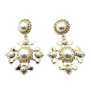Womens Earrings Pierced Maltese Cross Faux Pearl Gold Tone Chandelier